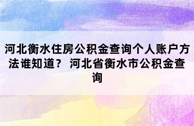 河北衡水住房公积金查询个人账户方法谁知道？ 河北省衡水市公积金查询